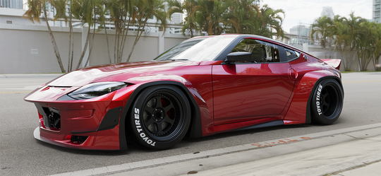 Rocket Bunny Pandem Nissan 400Z RZ34 wide body kit front view with widened overfenders, front bumper, splitter and canards