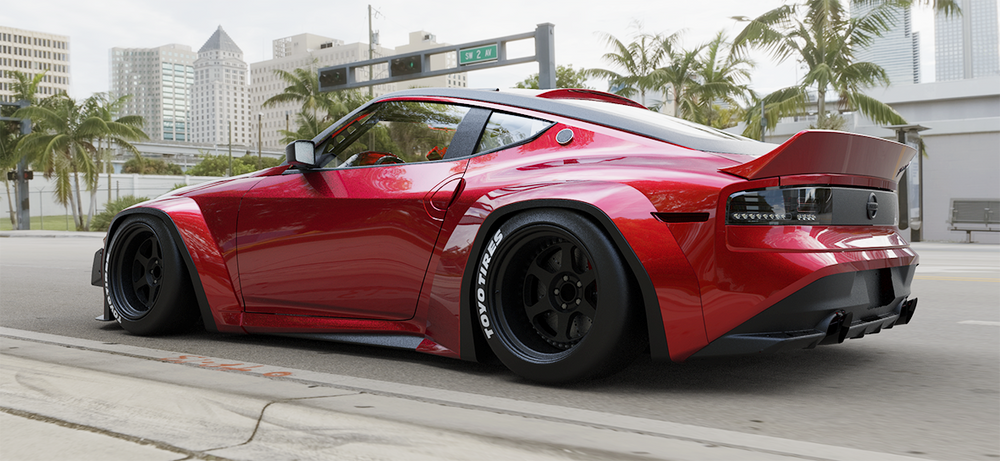 Rocket Bunny Pandem Nissan 400Z RZ34 wide body kit rear view showing +100mm rear overfenders and duck wing