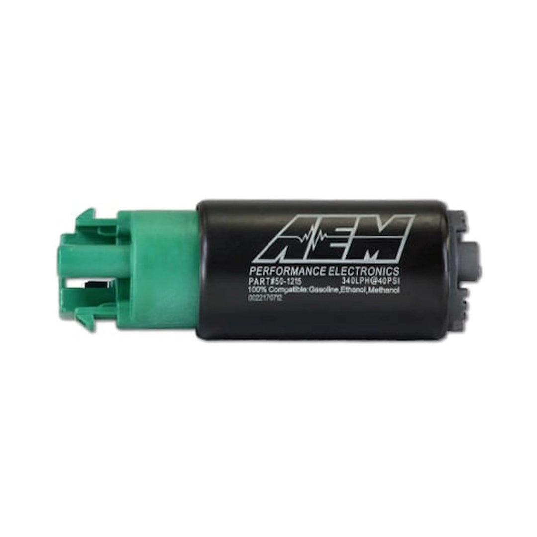 A black cylindrical automotive performance sensor with a green connector on one end and white printed branding for AEM Performance Electronics.