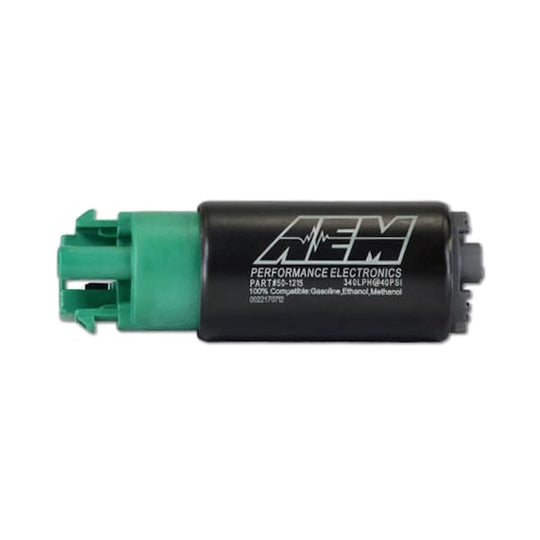A black cylindrical automotive performance sensor with a green connector on one end and white printed branding for AEM Performance Electronics.
