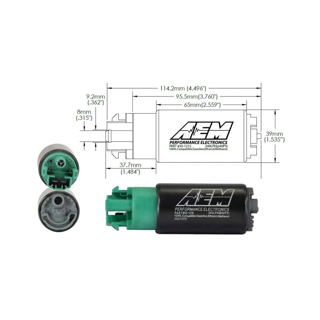 AEM electronic fuel pump with dimensions and specifications on a white background