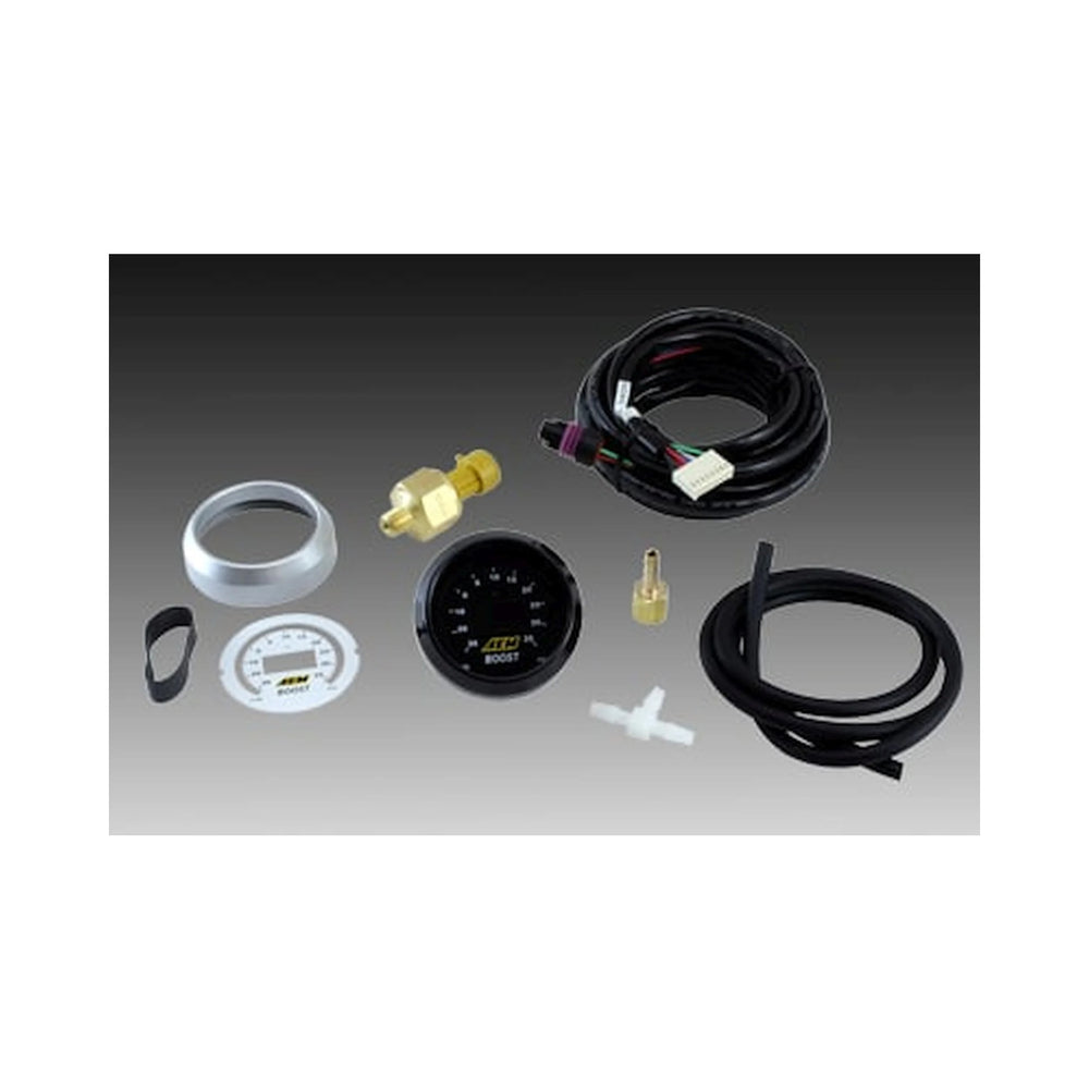 Collection of automotive parts including hoses, gauges, and connectors on a gradient background