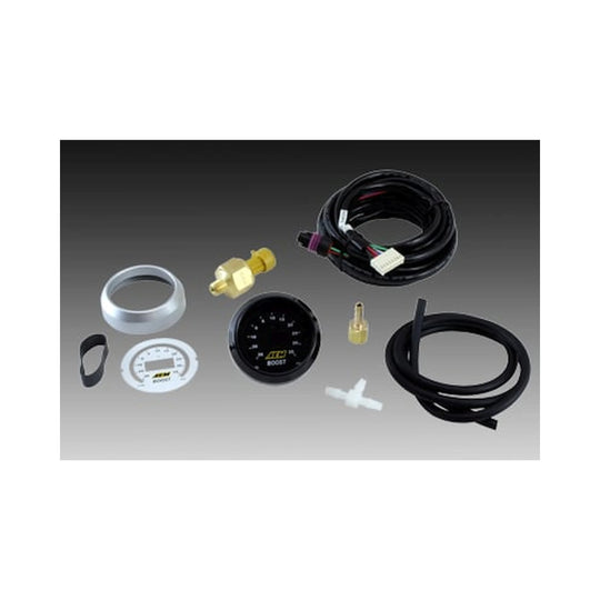 Collection of automotive parts including hoses, gauges, and connectors on a gradient background