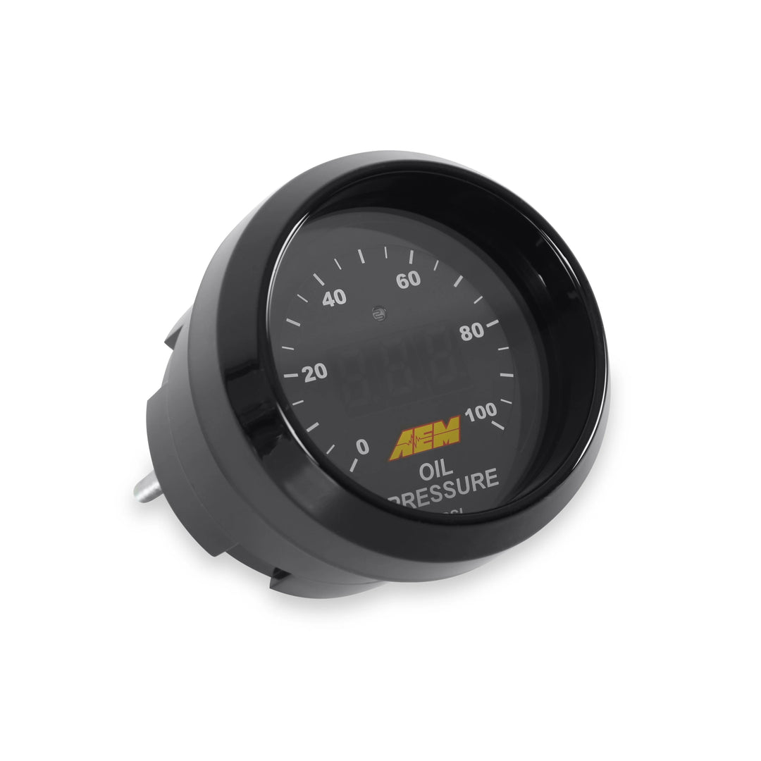Oil pressure gauge with AEM logo on a white background