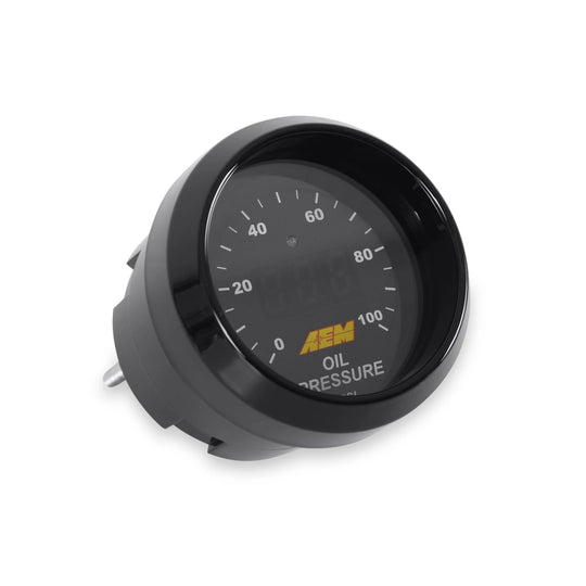 Oil pressure gauge with AEM logo on a white background