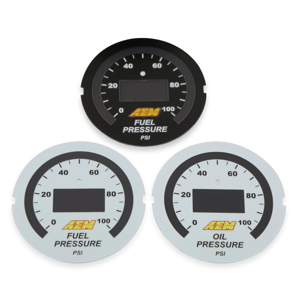 Three AEM fuel pressure gauges on a white background