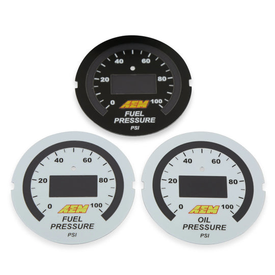 Three AEM fuel pressure gauges on a white background