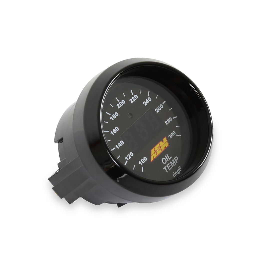 Oil temperature gauge with AEM logo on a white background