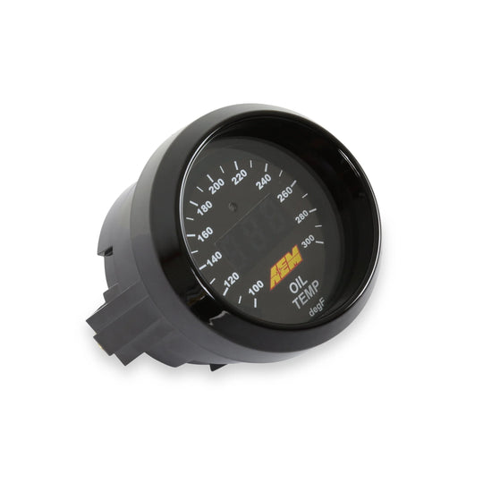 Oil temperature gauge with AEM logo on a white background
