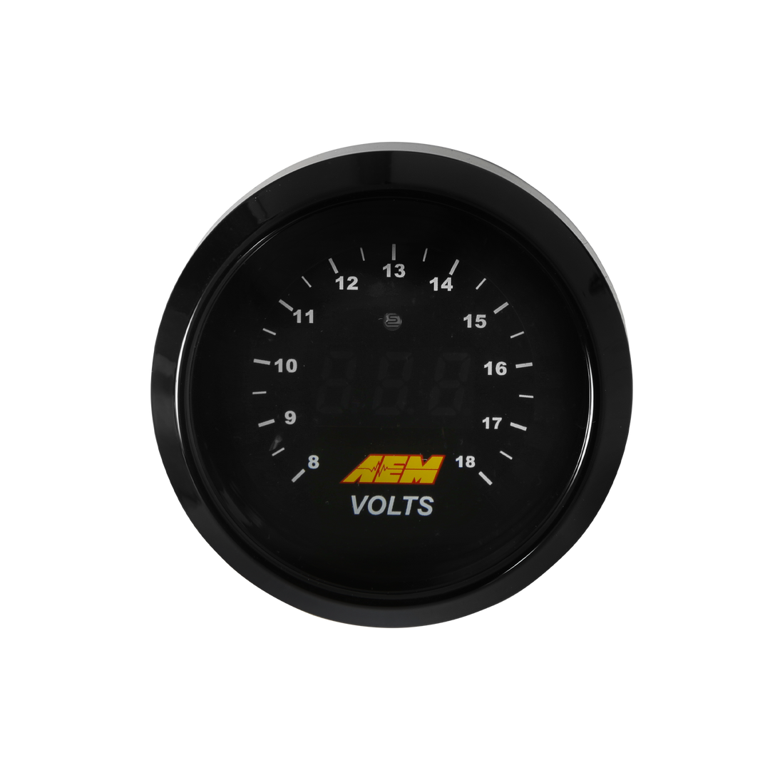 A round black automotive voltmeter gauge with white markings and a yellow AEM logo on a clean white background.