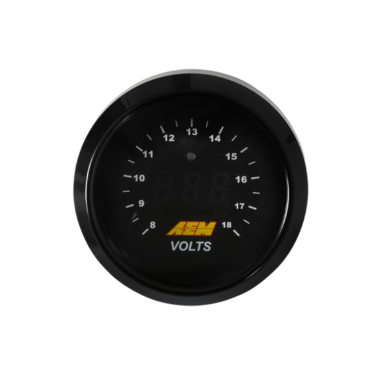 A round black automotive voltmeter gauge with white markings and a yellow AEM logo on a clean white background.