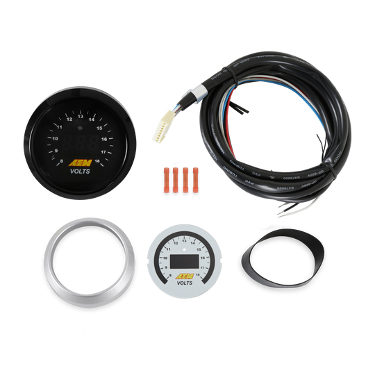 A 12V gauge kit with a black gauge face, silver bezel, white bezel, wiring harness, and mounting rings on a white background.