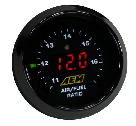 AEM air/fuel ratio gauge on a white background
