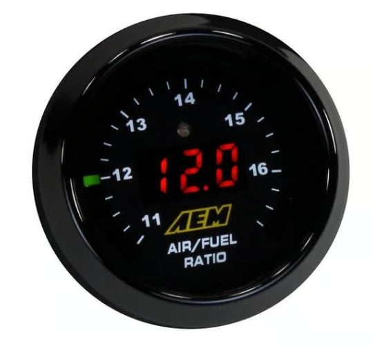AEM air/fuel ratio gauge on a white background