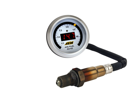 Fuel ratio gauge with AEM branding on a white background