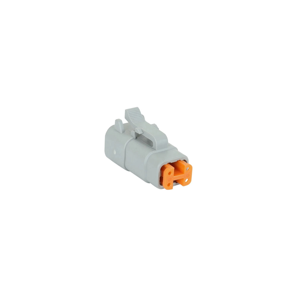 Gray electrical connector with orange component on a white background