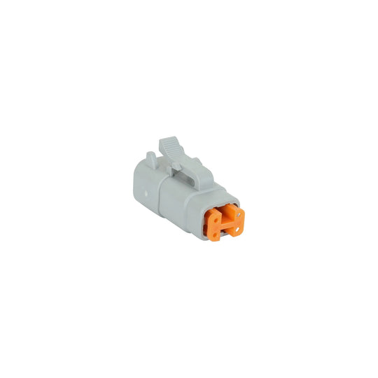 Gray electrical connector with orange component on a white background