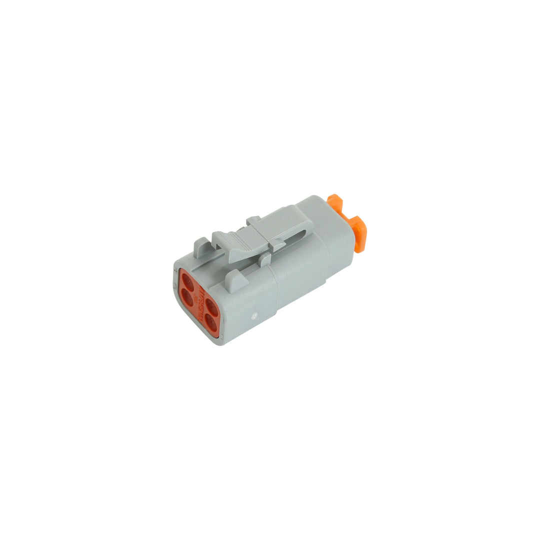 Gray electrical connector with orange accents on a white background