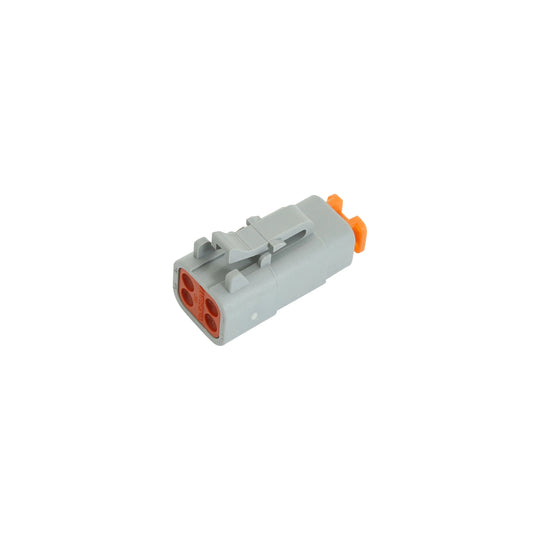 Gray electrical connector with orange accents on a white background