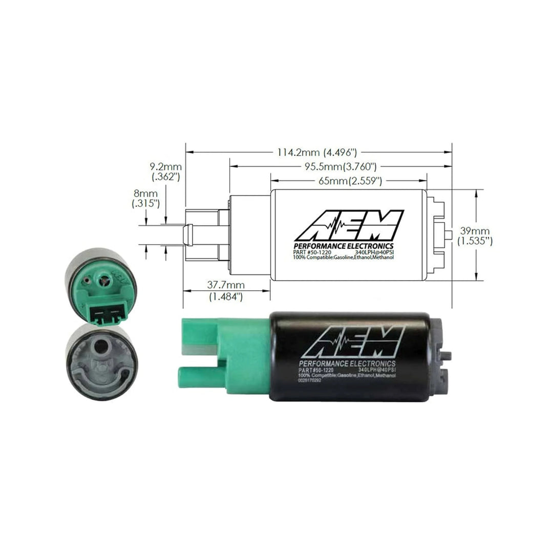 Technical drawing of AEM electronic components with dimensions on a white background