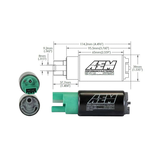 Technical drawing of AEM electronic components with dimensions on a white background