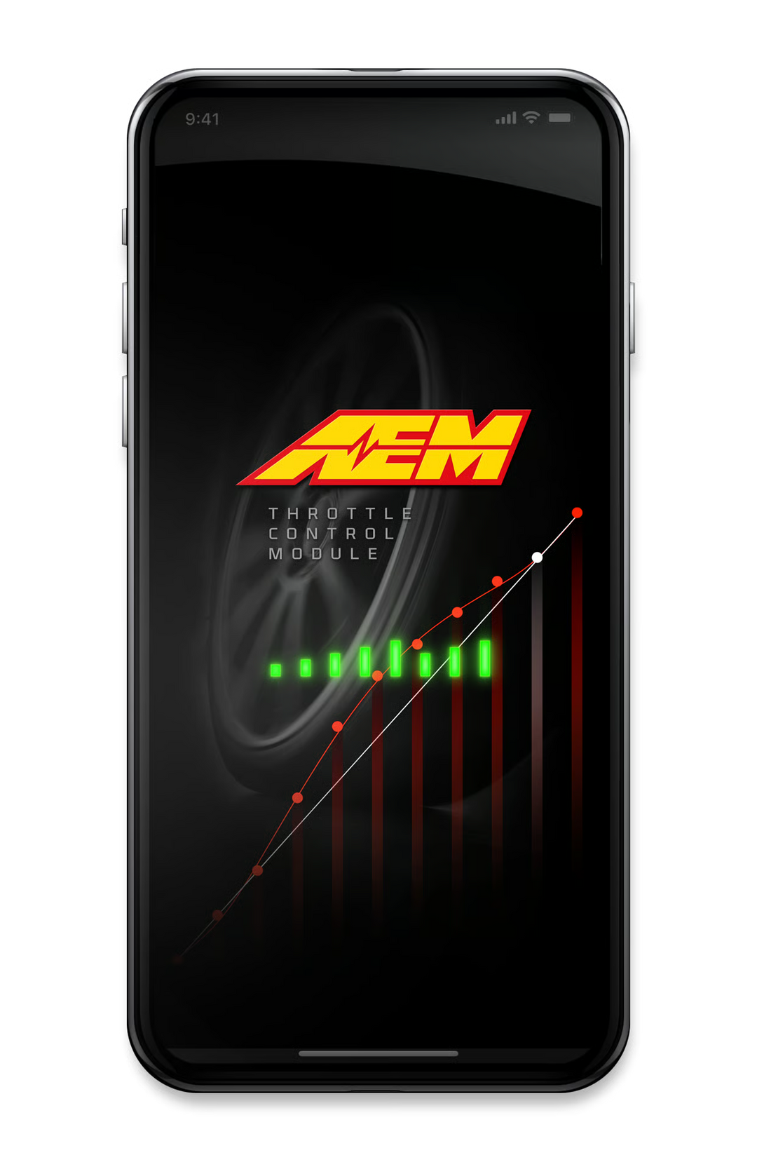 A smartphone shown front-on against a black background, with the screen displaying a throttle control module graphic featuring a large red and yellow AEM logo, white text, green dots, and red vertical bars.