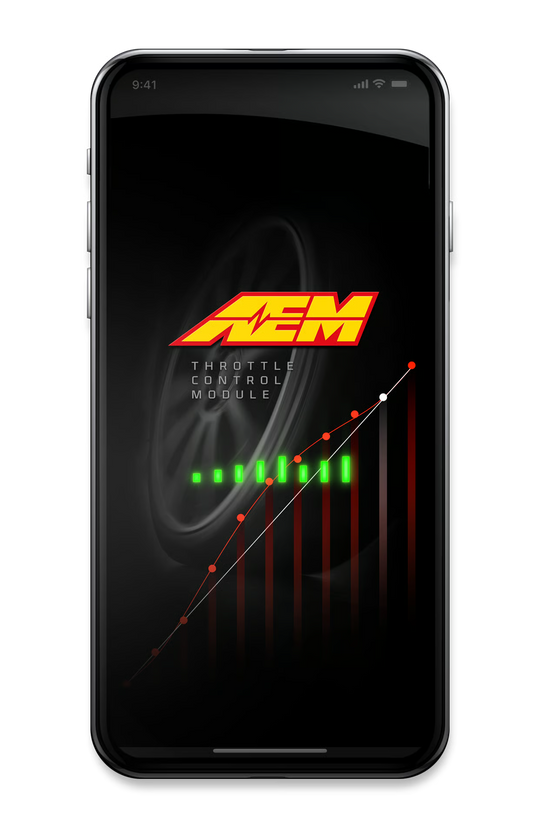 A smartphone shown front-on against a black background, with the screen displaying a throttle control module graphic featuring a large red and yellow AEM logo, white text, green dots, and red vertical bars.