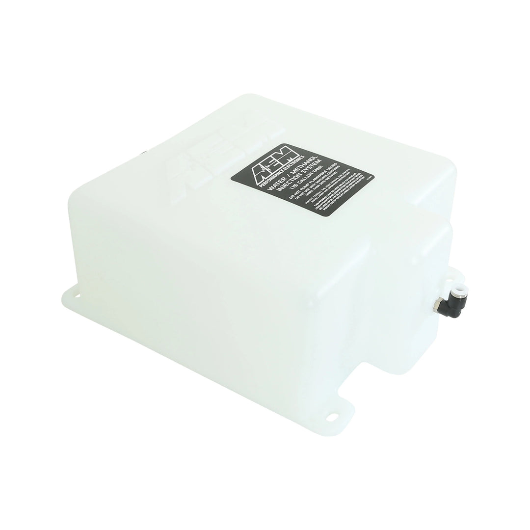 White rectangular plastic box with a black label on a white background