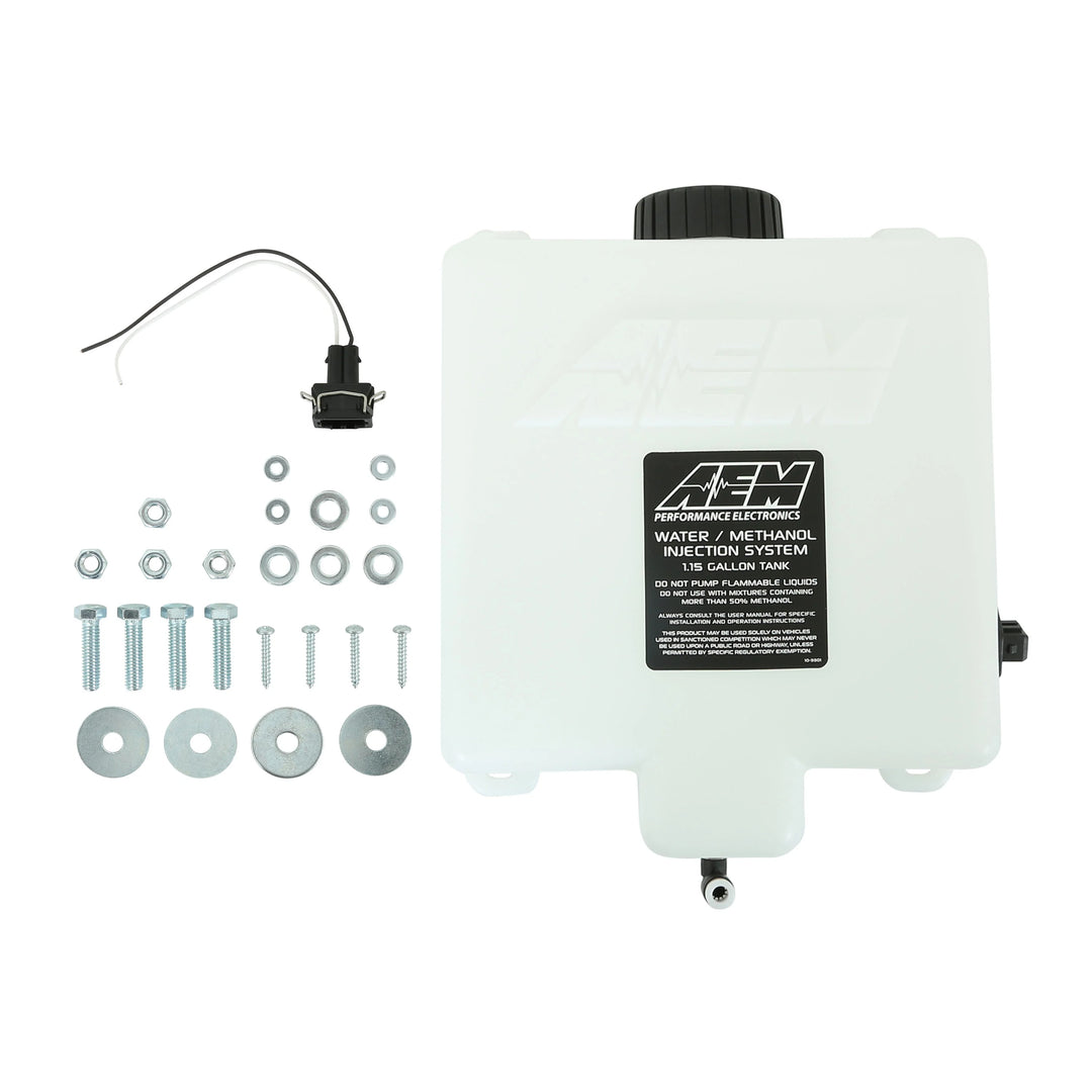 AEM water/methanol injection system with tank, pump, and accessories on a white background
