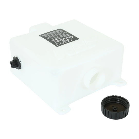 White plastic container with black cap on a white background