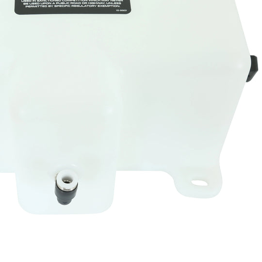 A close-up of a white plastic reservoir tank with a small black and white outlet fitting and a black label at the top, isolated on a white background.