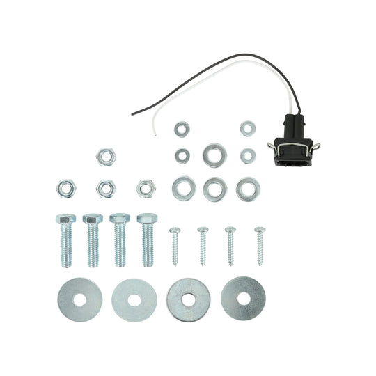 Mechanical parts including a black connector, screws, washers, and nuts on a white background