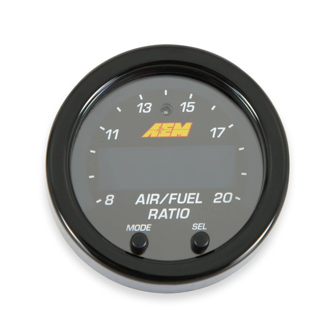 AEM air/fuel ratio gauge on a white background