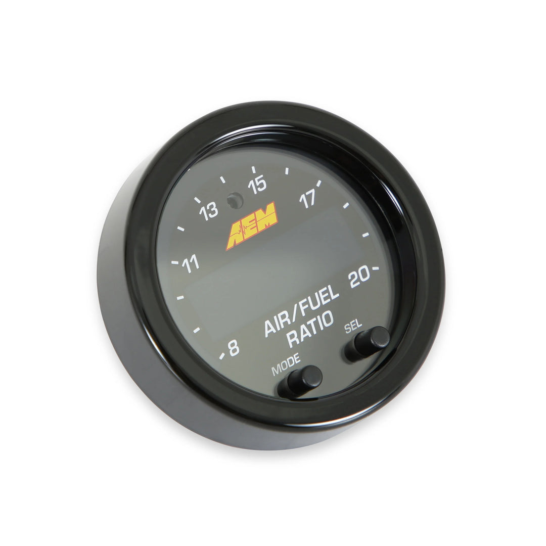 AEM air/fuel ratio gauge on a white background