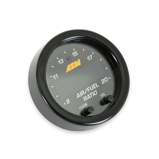AEM air/fuel ratio gauge on a white background