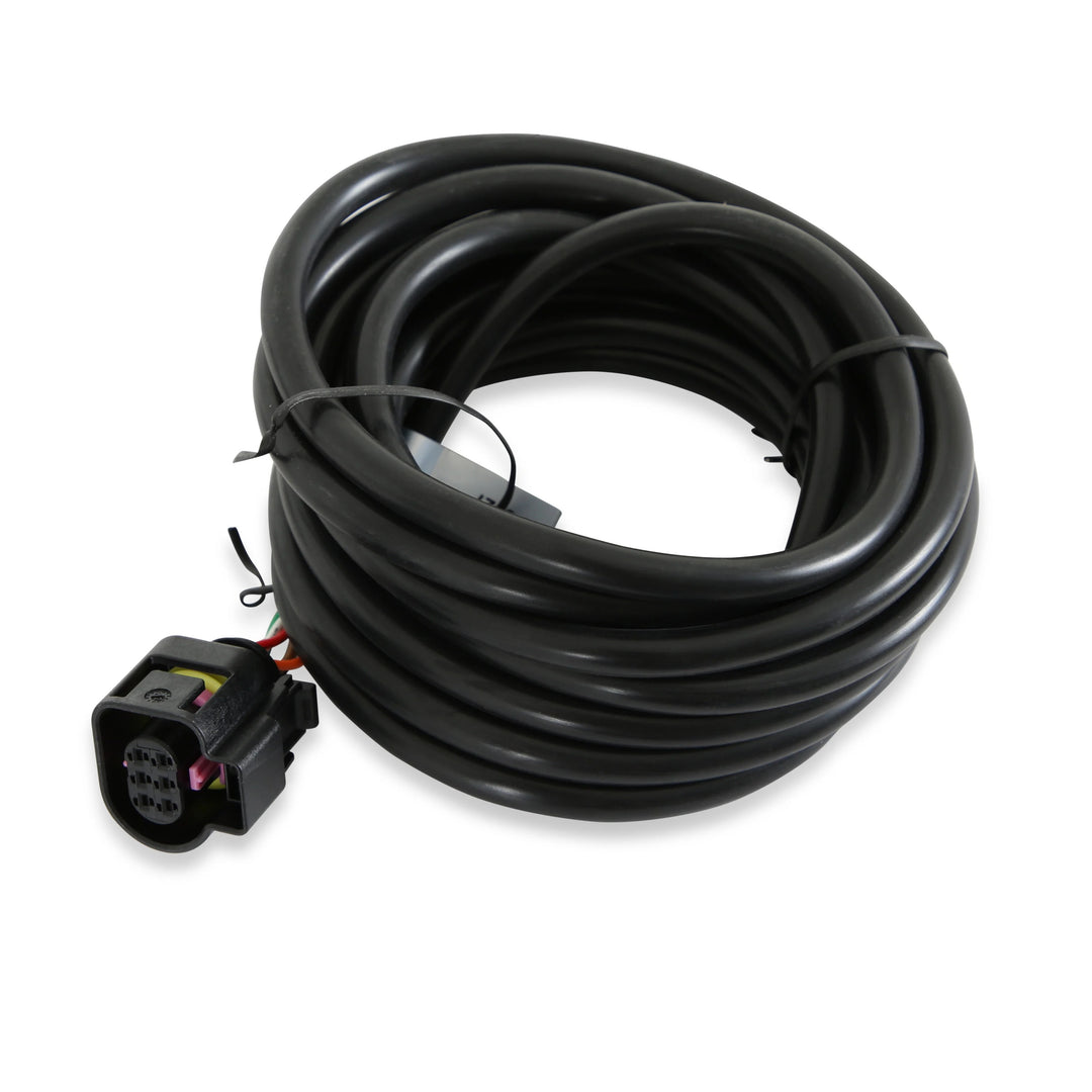 Coiled black cable with connectors on a white background