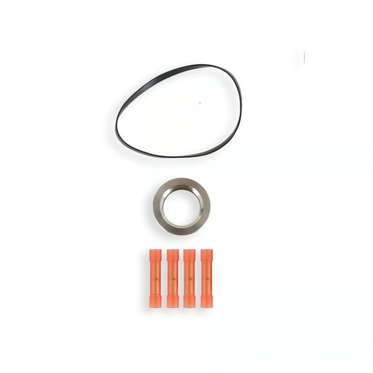 A bicycle or motorcycle seal kit containing a black rubber gasket, a silver metal seal, and four orange plastic clips, arranged vertically on a plain white background.