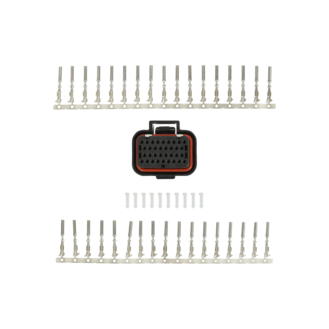 An automotive electrical connector kit featuring a black 16-pin connector with a red accent ring, surrounded by 16 silver blade terminal leads and four small white screws, all arranged symmetrically on a solid white background.