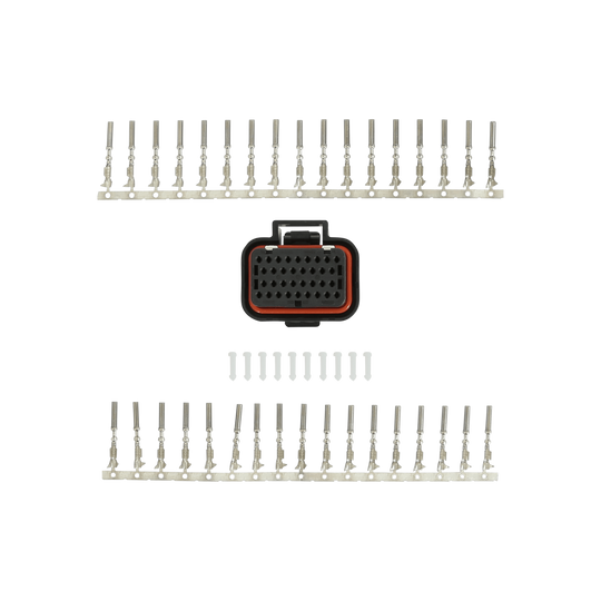 An automotive electrical connector kit featuring a black 16-pin connector with a red accent ring, surrounded by 16 silver blade terminal leads and four small white screws, all arranged symmetrically on a solid white background.