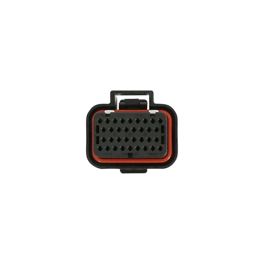 A black electrical connector plug with a red accent ring, isolated on a solid white background.