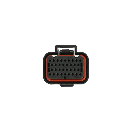 A black electrical connector plug with a red accent ring, isolated on a solid white background.