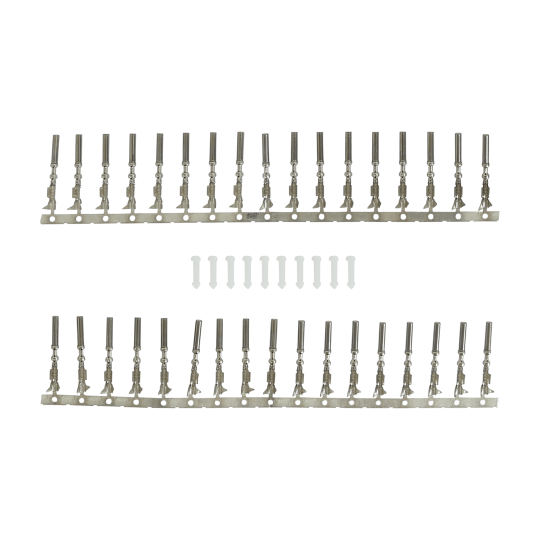 Two long metal mounting strips with multiple small dark cylindrical components attached, separated by a row of small white screws on a plain white background.