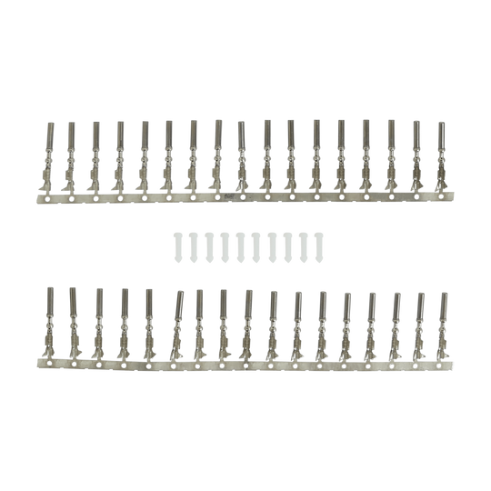 Two long metal mounting strips with multiple small dark cylindrical components attached, separated by a row of small white screws on a plain white background.