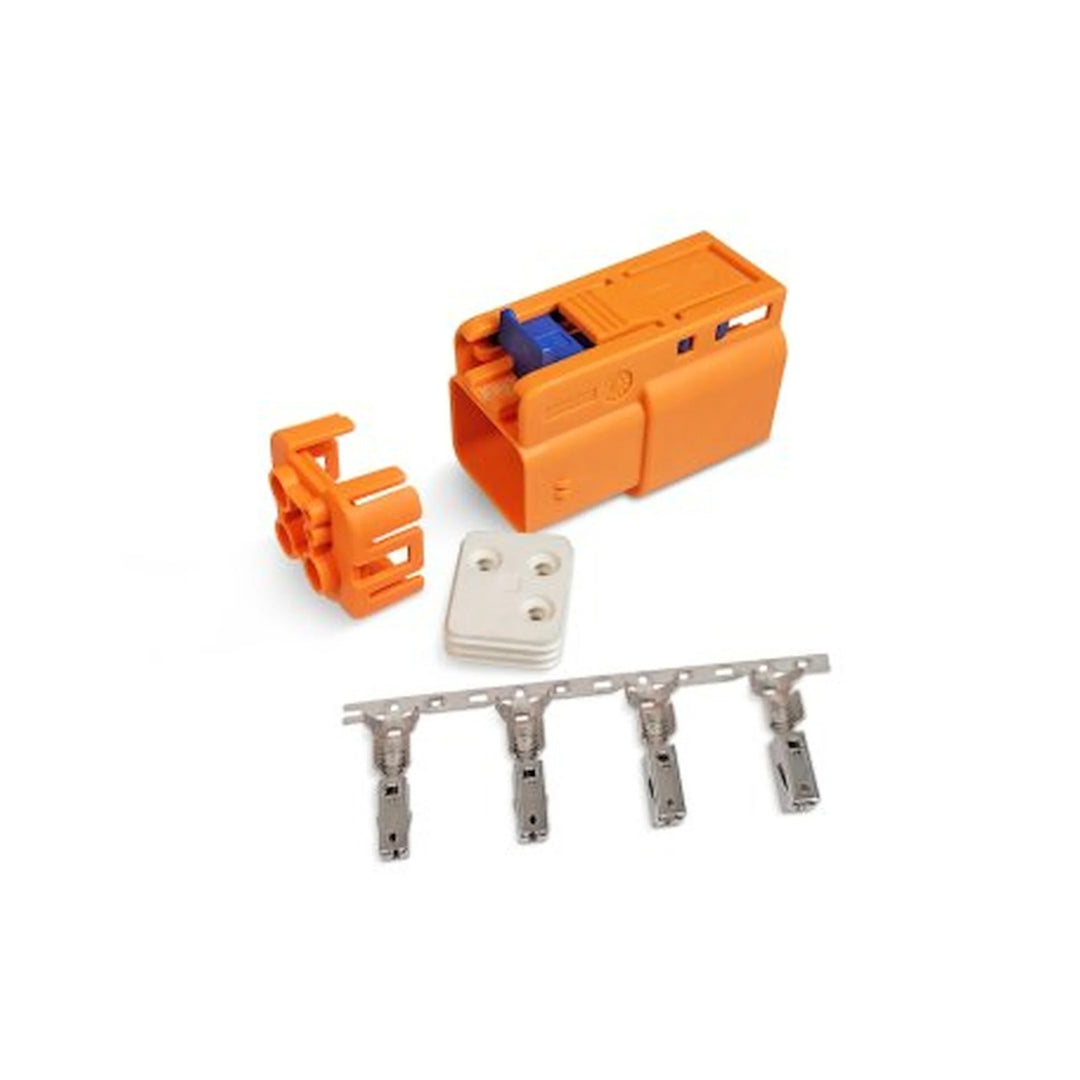 Orange plastic tool with additional components on a white background