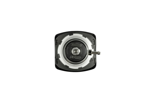 A close-up of a black and silver mechanical component, likely a valve stem tip or similar automotive part, featuring the &