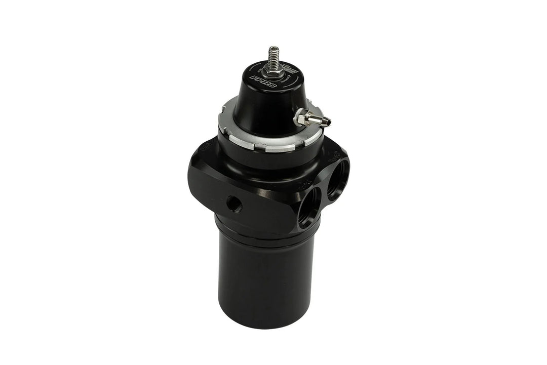 A black metal hydraulic pressure regulator with silver metal accents, isolated on a white background.