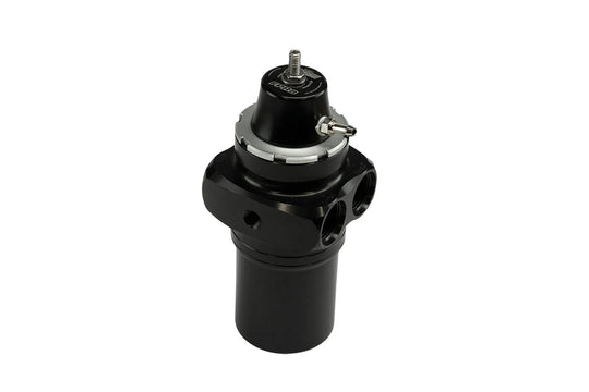 A black metal hydraulic pressure regulator with silver metal accents, isolated on a white background.