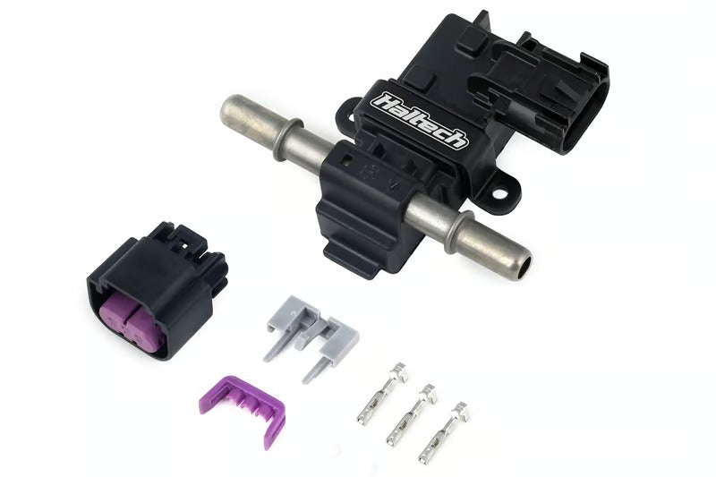 Automotive parts including a black connector and purple clip on a white background