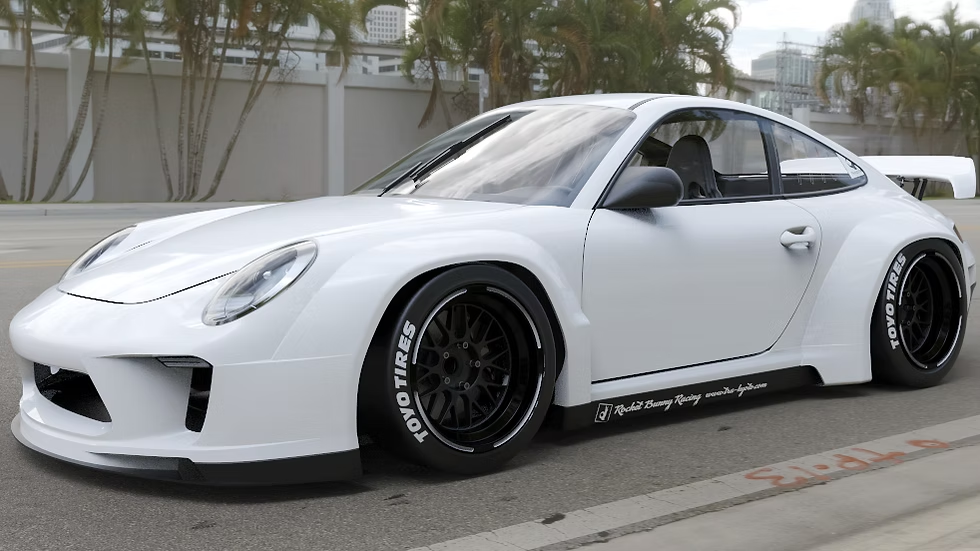White sports car on a road with trees in the background