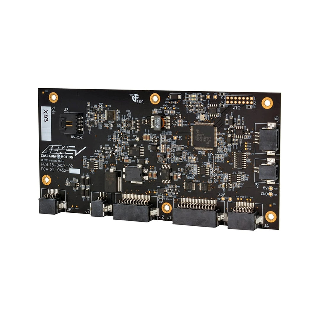 Electronic circuit board with various components on a white background